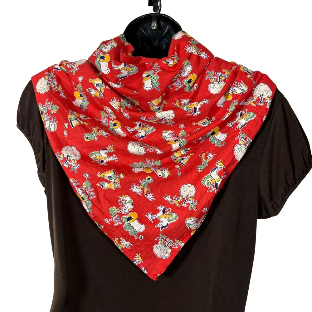 Red Triangle Kerchief Large Cowboy Print Cotton Scarf Vintage 50
